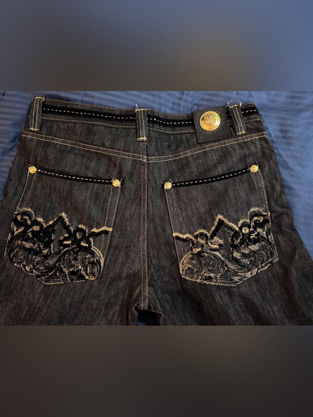 Crown Holder Men's Dark Wash Jeans w/ gold stitching & logo button 36